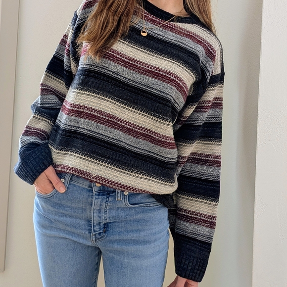 Vintage Striped Textured Patterned Crewneck In Sweater In Dark Gray/Burgundy - Picture 2 of 8